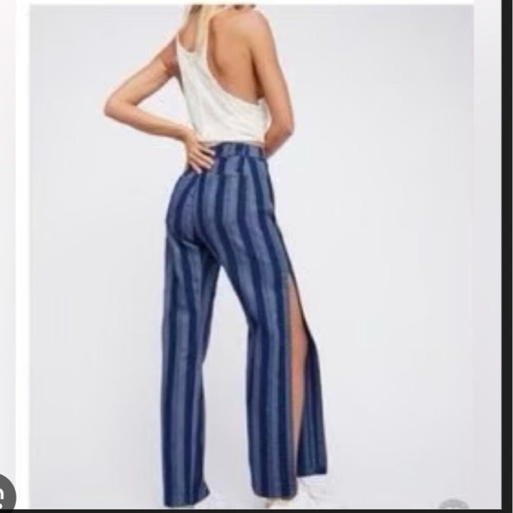 Free People Wide Leg Flare Split Striped Denim size 27